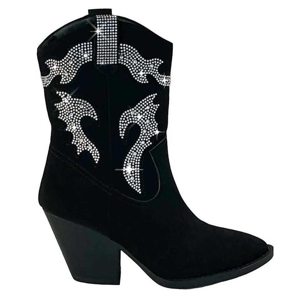 New Womens Black Rhinestone Blingy Western Cowboy Ankle Boots Booties - Picture 1 of 7